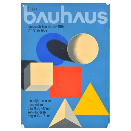 Advertising Poster Bauhaus German Exhibition Amsterdam. Original vintage advertising poster for 50 Years Bauhaus Exhibition held from 30 November 1968 to 9 January 1969 at Stedelijk Museum in Amsterdam featuring minimalist composition including a blue circle in the shadow of a white sphere, a red square next to a white cube and a white pyramid by a yellow triangle, the colourful geometric shapes against a blue background. Design by the renowned Bauhaus artist Herbert Bayer (1900-1985). Fair condition, creasing, tears, paper losses on corners, pinholes, staining, tape on corners. Country of issue: Netherlands, designer: Herbert Bayer, size (cm): 84x59.5, year of printing: 1968.