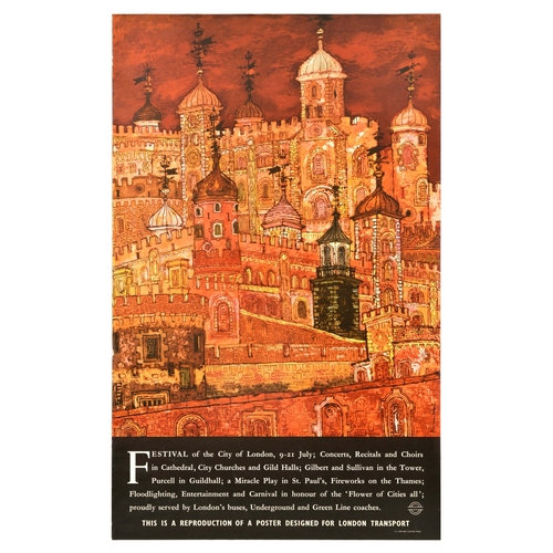 Travel Poster Festival City Of London Underground Hanna Weil. Vintage official London Transport reproduction that was issued for sale to the public at the same time and with the same printing process as the original poster.  Festival of the City of London, featuring a great illustration depicting Cathedrals, churches, the Tower in brown, red, yellow and orange hues, text below - Festival of the City of London, 9-21 July; Concerts, Recitals and Choirs in Cathedral, City Churches and Gild Halls; Gilbert and Sullivan in the Tower, Purcell in Guildhall; a Miracle Play in St. Paul's, Fireworks on the Thames; Floodlighting, Entertainment and Carnival in honour of the Flower of Cities all'; proudly served by London's buses, Underground and Green Line coaches. Printed by Curwen Press. Good condition, creasing, small tears, small paper losses on edges. Country of issue: UK, designer: Hanna Weil, size (cm): 101x63, year of printing: 1980s.