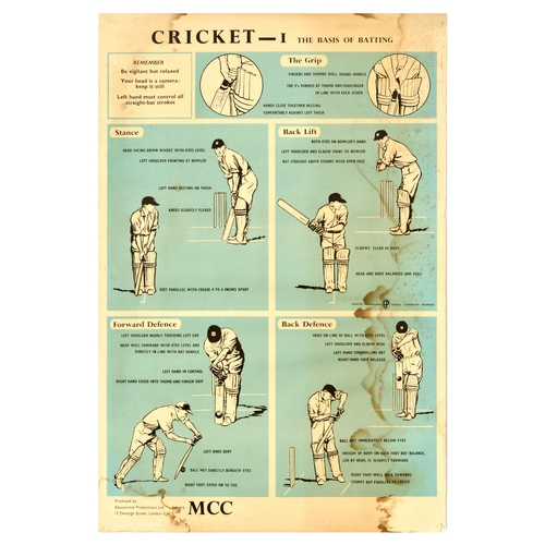 56 - Sport Poster Set Cricket Play Instructions Wicket Bat Strokes. Set of 5 original vintage sport poste... 