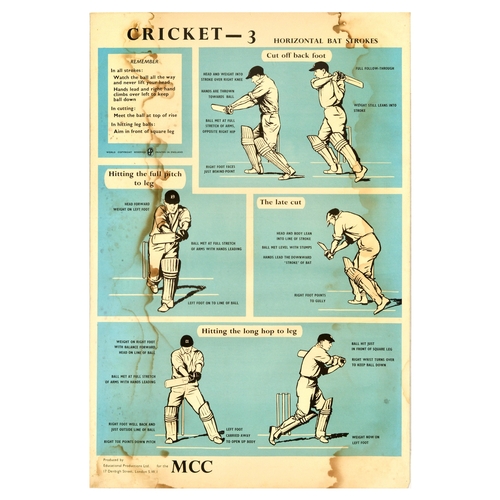 56 - Sport Poster Set Cricket Play Instructions Wicket Bat Strokes. Set of 5 original vintage sport poste... 