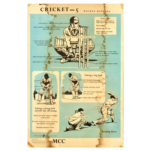 56 - Sport Poster Set Cricket Play Instructions Wicket Bat Strokes. Set of 5 original vintage sport poste... 