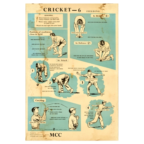 56 - Sport Poster Set Cricket Play Instructions Wicket Bat Strokes. Set of 5 original vintage sport poste... 