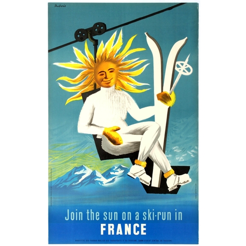 Travel Poster Join The Sun Skiing France Alps. Original vintage travel and skiing poster - Join the sun on a ski-run in France - featuring an illustration of a smiling sun on a ski lift. Good condition, small tears and defects in margins. Country: France. Year: 1950s. Artist: Dubois. Size (cm): 99.5x62.