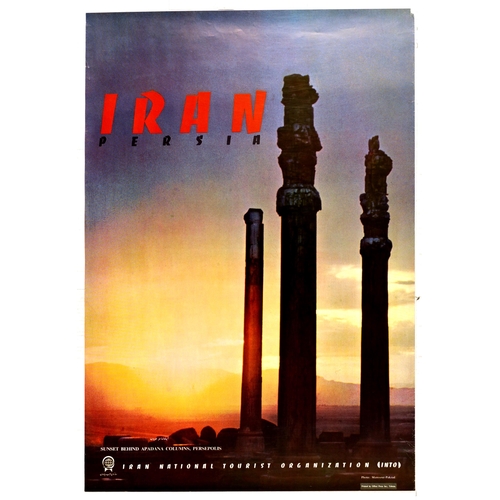 Travel Poster Iran Persia Apadana Columns Persepolis. Original vintage travel poster for Iran Persia featuring a photo of sunset behind Apadana Columns, Persepolis. Issued by Iran National Tourist Organisation. (INTO) Printed by Offset Press Inc, Tehran, Iran. The Apadana at Persepolis has a surface of 1000 square metres; its roof was supported by 72 columns, each 24 metres tall. The entire hall was destroyed in 331 BC by the army of Alexander the Great. Stones from the columns were used as building material for nearby settlements. Good condition, creasing, small loss at top right corner. Country of issue: Iran, designer: Manssour Pakzad, size (cm): 98x67.5, year of printing: 1960s