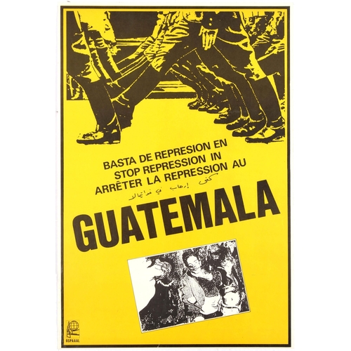 Propaganda Poster Cuba OSPAAAL Guatemala Rafael. Original vintage Cuban propaganda poster Stop Repression in Guatemala, published by the Organisation of Solidarity with the People of Asia Africa and Latin America (OSPAAAL), an organisation founded in Havana Cuba in 1966 as a political movement to fight imperialism and defend human rights, producing revolutionary posters in Spanish, English, French and Arabic that were stapled into their Tricontinental magazine and sent to subscribers around the world. Strong illustration by Rafael Enriquez features the feet of the marching soldiers made in black and yellow colour scheme on top of the poster, stylised lettering below and black and white photo of killed victims of repression on the bottom of poster. Good condition,small tear on bottom, creases on left margin. Country: Cuba. Year: 1980s. Designer: Rafael Enriquez. Size(cm): 63x43.