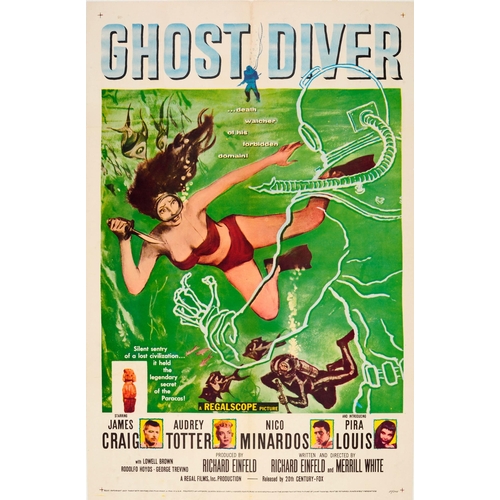 Movie Poster Ghost Diver Scuba USA. Original vintage movie poster for an adventure film Ghost Diver about a South American scuba diver looking for lost treasure directed by Richard Einfeld and Merrill G. White and starring James Craig, Audrey Totter, Nico Minardos and Pira Louis. Dynamic design featuring a lady underwater wearing a bikini with fins and a mask and holding up a knife with fish and an armed scuba diver in the background and the ghostly outline of a diver in the foreground with skeleton hands, the stylised title text above and credits with images of the main characters below, an idol with text on the side: "Silent sentry of a lost civilization... it held the legendary secret of the Paracas!" Very good condition, restored folds and minor losses, backed on linen. Country: USA, year of printing: 1957, designer: Unknown, size (cm): 105x68.5