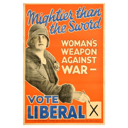 10 - British Elections Poster Vote Liberal Party Woman's Weapon Against War. Original vintage political p... 