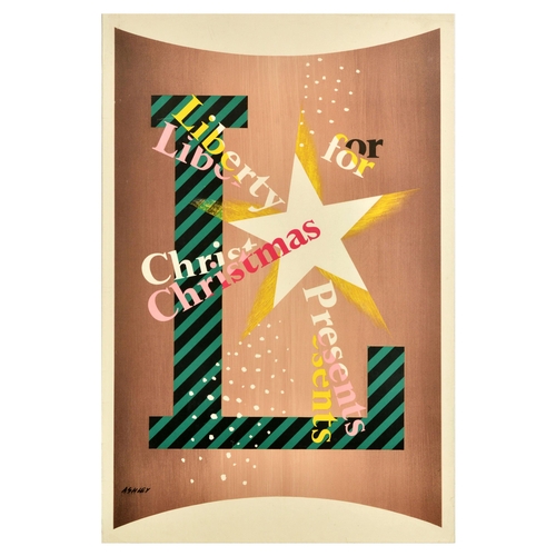 Advertising Poster Liberty London Store Modernism Christmas Presents . Original vintage advertising poster for a luxury department store - Liberty for Christmas Presents - featuring artwork by the notable graphic designer Ashley Eldrid Havinden (1903-1973) depicting a large green and black striped letter L with other words around a white star in the centre. Good condition, creasing, tears, minor staining. Country of issue: UK, designer: Ashley Havinden, size (cm): 76x51, year of printing: 1948.