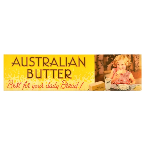 Advertising Poster Australian Butter Daily Bread Food. Original vintage advertising poster for Australian Butter - Best for your daily bread! - Design features a photograph of a young blonde girl wearing a red chequered dress and eating some bread and butter with a glass of milk. Horizontal.  Good condition, folds, creasing, tears, staining. Country of issue: UK, designer: Unknown, size (cm): 19x75, year of printing: 1950s.