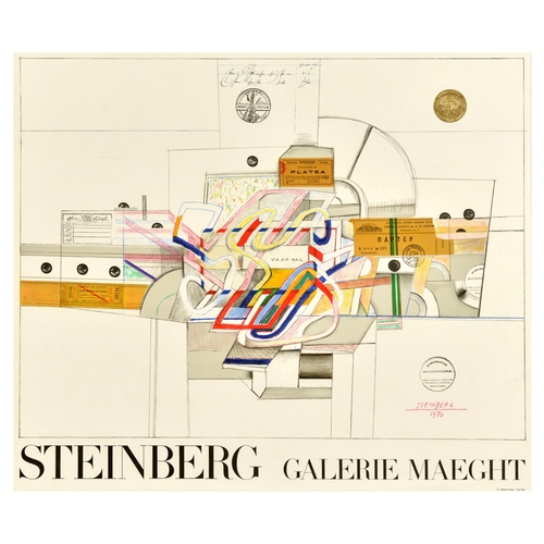 Advertising Poster Saul Steinberg Galerie Maeght Art Exhibition . Original vintage exhibition poster for Saul Steinberg show at Galerie Maeght - Artwork by Saul Steinberg (1914-1999) features an abstract illustration including collaged stamps and tickets.  Excellent condition, minor creasing, gold embossed stamp on top right corner. Country of issue: France, designer: Saul Steinberg, size (cm): 62x73, year of printing: 1970.