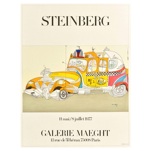 Advertising Poster Saul Steinberg Car Galerie Maeght Art Exhibition. Original vintage exhibition poster for Saul Steinberg show at Galerie Maeght which took place from 11 May to 8 July 1977 - Artwork by Saul Steinberg (1914-1999) features an abstract illustration of a yellow New York taxi cab . Excellent condition, dated with pencil.  Country of issue: France, designer: Saul Steinberg, size (cm): 79x60, year of printing: 1977.