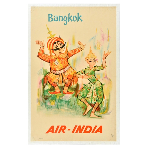 Travel Poster Bangkok Air India Airline Maharajah Dancer. Original vintage travel advertising poster for Bangkok on Air India, featuring a colourful illustration with Air-India mascot (a Maharajah created in 1946 by Bobby Kooka and Umesh Rao) dancing alongside a Thai dancer on a colourful background. Printed in India by Prasad Process Private, Madras. Fair condition, repaired tears, staining, folds, creasing, pinholes, restored paper loss in bottom left corner, backed on Japanese paper. Country of issue: India, designer: Unknown, size (cm): 100x64, year of printing: 1963.