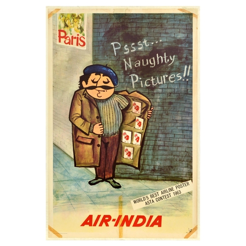 293 - Travel Poster Air India Paris France Naughty Pictures. Original vintage travel advertising poster fo... 