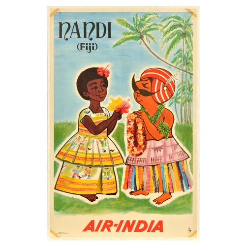 296 - Travel Poster Air India Fiji Nandi Airline Maharajah. Original vintage travel advertising poster for... 