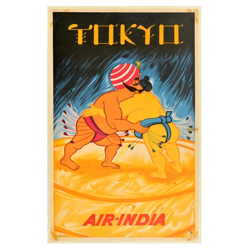 Travel Poster Air India Tokyo Japan Airline Maharajah Sumo Wrestler. Original vintage travel advertising poster for Perth on Air India, featuring a colourful illustration with Air-India mascot (a Maharajah created in 1946 by Bobby Kooka and Umesh Rao) wrestling with a sumo wrestler. Printed in India by Prasad Process Private, Madras. Good condition, folds, repaired tears, creasing, staining, tape marks on corners, paper loss in bottom right corner, backed on Japanese paper. Country of issue: India, designer: Unknown, size (cm): 102x65, year of printing: 1965.