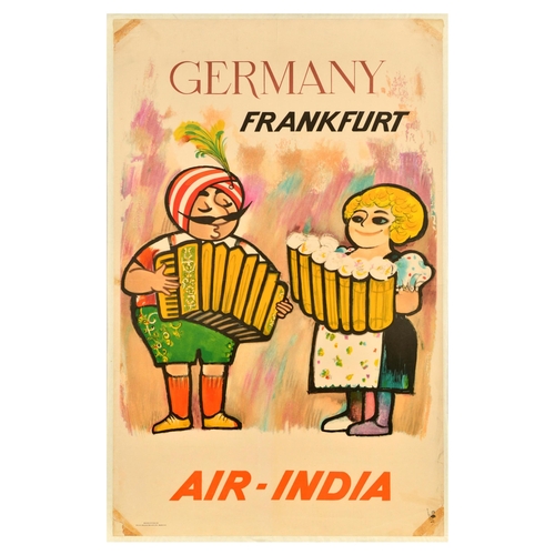 300 - Travel Poster Air India Frankfurt Germany Beer Airline Maharajah. Original vintage travel advertisin... 