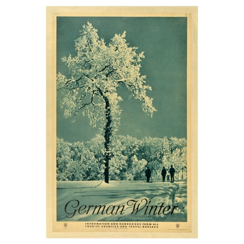 Ski Poster Ski Germany German Winter State Railway RDV. Original vintage travel advertising poster for German Winter published by the German State Railway RDV Reichsbahnzentrale fur den Deutschen Reiseverkehr featuring a photographic image of people cross-country skiing beneath a tree through a picturesque snow covered landscape. Good condition, creasing, staining, repaired tears, backed on linen. Country of issue: Germany, designer: Unknown, size (cm): 101x65, year of printing: 1930s.