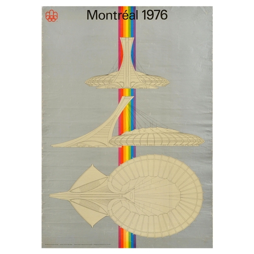 Sport Poster Montreal Stadium Summer Olympic Games Canada 1976. Original vintage sports advertising poster for the Summer Olympic Games 1976 held in Montreal featuring the design of the stadium created by Roger Taillibert set over a rainbow on a grey background. The Games of the XXI Olympiad known as Montreal 1976 was held from 17 July - 1 August 1976 in Montreal Quebec Canada. The Olympic games were opened by Queen Elizabeth II with her daughter Princess Anne participating in an equestrian competition for the team from Great Britain. Canada finished with five silver and six bronze medals, while the Soviet Union, East Germany and thr United States ranked with the most gold medals. Fair condition, creasing, tears, paper losses, staining. Country of issue: Canada, designer: Raymond Bellamare and Pierre-Yves Pelletier, size (cm): 84x59, year of printing: 1972.