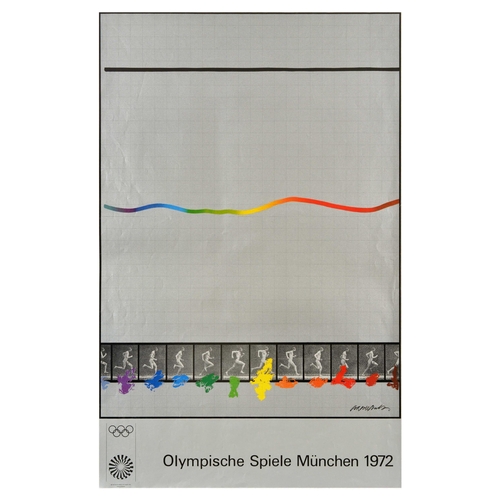 Sport  Poster Munich Olympics 1972 Running Frames. Original vintage sport poster for the 1972 Summer Olympic Games held from 26 August to 11 September 1972 in Munich Germany featuring a design by the Japanese artist and architect Shusaku Arakawa ?? ?? (1936-2010) depicting photography frames of a runner with different coloured paint below each image on a silver graph paper background with a colourful flowing line and bold black line above, the Olympic Rings and Munich Olympics logo with the title in German below - Olympische Spiele Munchen 1972. One of the series of posters by various popular artists of the period (Peter Phillips, Horst Antes, Otl Aicher, David Hockney among others) commissioned to design the 1972 Olympic Games posters in Germany for their advertising campaign, which aimed to "represent the intertwining of sports and art worldwide. The 1972 Summer Olympics, officially known as the Games of the XX Olympiad, was an international multi-sport event held in Munich, West Germany, from 26 August to 11 September 1972. Good condition, creasing, small tears.  Country of issue: Germany, designer: Shusaku Arakawa, size (cm): 101x64, year of printing: 1972.