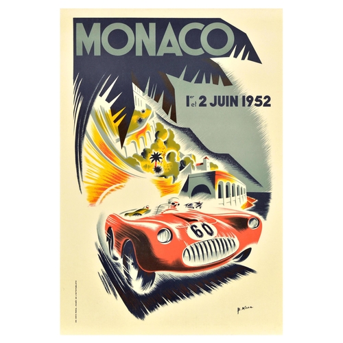 Sport Poster Monaco 1952 France Grand  Prix Formula One . Official vintage reproduction poster for the 1952 Monaco Grand Prix which took place on 1-2 June - Bold midcentury design features a car racing past palm trees and large archways on the seafront. Held since 1929, the annual Monaco Grand Prix Formula One motor race is considered to be one of the most important automobile races in the world. Printed in Paris for the Musee De L'Automobiliste. Excellent condition, printed text on reverse. Country of issue: France, designer: B. Minne, size (cm): 100x68, year of printing: 1991.