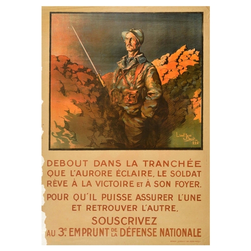 Propaganda Poster National Defence Loan France WWI. Original vintage WWI Propaganda Poster - 3rd National Defense Loan - Featuring an image of a French soldier in the trenches with the message - "Standing in the trench illuminated by the first rays of the sun, the soldier dreams of victory and of his home . . . Subscribe to the 3rd National Defense Loan." (Debout dans la tranchée que l'aurore éclaire, le soldat réve á la victoire et á son foyer. Souscrivez au 3e Emprunt de la Défense Nationale) Printed in Paris by Berger-Levault. Large size. Fair condition, several paper losses, tears, staining, creasing. Country of issue: France, designer: Jean Droit, size (cm): 113x80, year of printing: 1917.