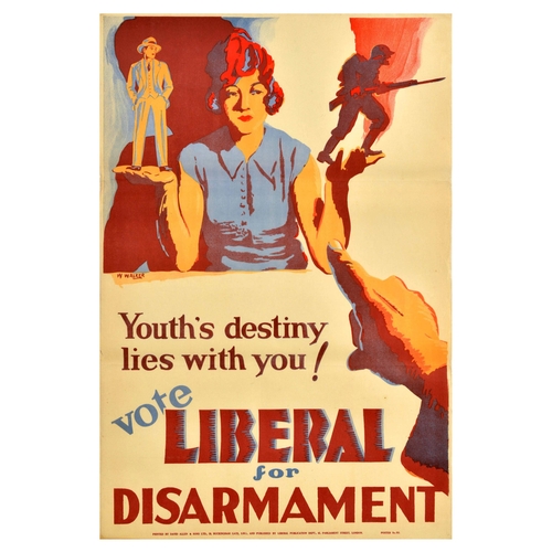 39 - British Elections Poster Vote Liberal Party For Disarmament UK . Original vintage political propagan... 