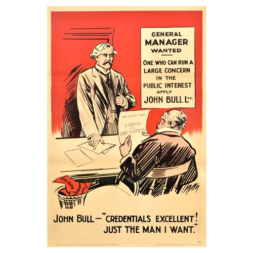 49 - British Elections Poster John Bull Labour Party UK . Original vintage political propaganda poster fo... 