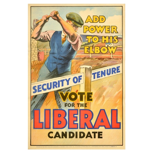 58 - British Elections Poster Security Of Tenure Vote Liberal Party UK . Original vintage political propa... 