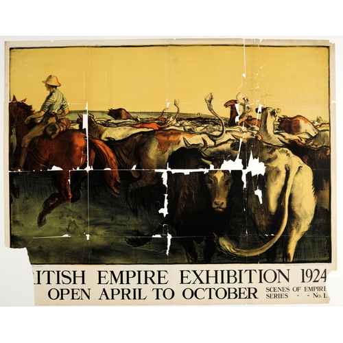 Advertising Poster British Empire Exhibition 1924 Colonial Expo. Original antique advertising poster for the British Empire Exhibition 1924 featuring Scenes of Empire Series No. 1, image depicting a herdsman with cattle. The British Empire Exhibition, held at Wembley Park, London, from April 1924 to October 1925, was an international exhibition designed to promote trade. Horizontal. Large size. Poor condition, creasing, paper losses, staining, repaired tears, backed on linen. Country of issue: UK, designer: Gerald Spencer Pryse (1882-1956), size (cm): 102x127, year of printing: 1924.