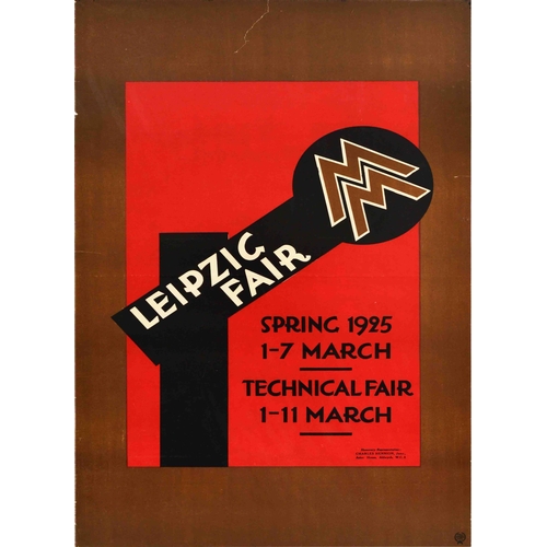 Advertising Poster Leipzig Fair Bauhaus 1925 Technical Fair Germany. Original vintage advertising poster designed in Bauhaus style for the Leipzig Fair Spring 1925 1-7 March Technical Fair 1-11 March, featuring a minimalist design with the double �M� trade fair logo, set over red background with a brown frame. The Leipzig Trade Fair was first mentioned in 1165, the fair has since developed into presenting samples of various goods from books to consumer goods. Good condition, fold, tears, creasing, small paper loss, staining. Country of issue: Germany, designer: Unknown, size (cm): 100x61, year of printing: 1925.