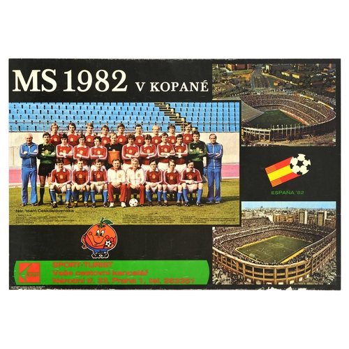 Sport Posters Set Football FIFA Slavia Praha Czechoslovakia. Set of six original vintage football posters. 1. MS 1982 featuring a photograph of the national football team of Czechoslovakia with images of football stadiums, and a logo for Sport Turist tourism company below. The Italian team were the champions of the cup, followed by West Germany in second place, and Poland in third. Horizontal. Fair condition, creasing, tears, paper losses. Country of issue: Czechoslovakia, designer: Karel Novak, size (cm): 67x97, year of printing: 1982; 2. Slavia Praha IPS vs Eintracht Braunschweig football game on 24 July 1985 at TJ Slavia Prague IPS stadium, featuring red bold lettering on a light background. Good condition, creasing, tears. Country of issue: Czechoslovakia, designer: Unknown, size (cm): 60x84, year of printing: 1985; 3. score sheet poster for World Cup 1982 featuring the uniforms of the teams in three groups, score sheet, cities and venues for the finals, opening ceremony, second round, semi-finals, third place playoff and final locations, and The road to Spain - The Qualifying Rounds. Caption in red below - With the Compliments of J.M. Charles Ltd. The 1982 World Cup champions were the Italian team, with West Germany in second place and Poland in third. Horizontal. Good condition, creasing, tears, minor staining, paper loss in bottom left corner. Country of issue: UK, designer: Unknown, size (cm): 59x83, year of printing: 1982; 4. Slavia Praha IPS Czech club vs Viking Stavanger Norwegian club football game at TJ Slavia Praha IPS stadium on 27 July 1985, featuring bold red lettering on a light background. Horizontal. Good condition, creasing, tears. Country of issue: Czechoslovakia, designer: Unknown, size (cm): 60x84, year of printing: 1985; 5. hand signed in red marker - Discover Zola's secret. Move up to Mizuno. The world of sports - featuring a photograph of Gianfranco Zola, an Italian football manager and former footballer who played predominantly as a forward; he is seen running across the field in blue and white uniform. Studio Giant Cravero. Fair condition, creasing, tears, folds, signed in red pen. Country of issue: Unknown, designer: Unknown, size (cm): 68x48, year of printing: 1990s; 6. Slavia Praha IPS Czech club vs Wismut AUE East German club football game at TJ Slavia Praha IPS stadium on 13 July 1985, featuring bold red lettering on a light background. Horizontal. Good condition, creasing, tears, staining. Country of issue: Czechoslovakia, designer: Unknown, size (cm): 60x85, year of printing: 1985.