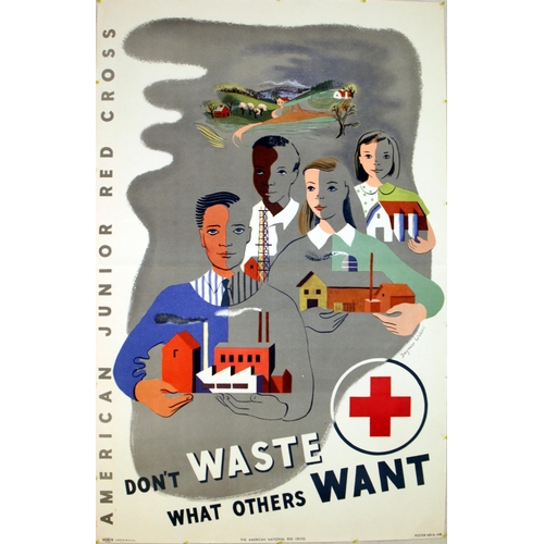 Propaganda Poster American Junior Red Cross Modernism. Original vintage propaganda poster for the American Junior Red Cross - Don't waste what others want - Design by Dogmar Wilson features children holding factories and other industrial buildings with a countryside scene above. Good condition, folds, small tears, small paper losses on margins, minor creasing. Country of issue: USA, designer: Dogmar Wilson, size (cm): 57x36.5, year of printing: 1948.