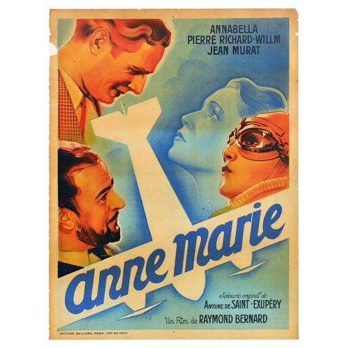 Movie Poster Anne Marie Art Deco Pilot Plane Drama. Original vintage movie poster for Anne Marie, a 1936 French drama film directed by Raymond Bernard, starring Annabella, Pierre Richard-Willm, and Paul Azais, the poster features in image of a lady aviator in pilot glasses and a gentleman looking at her with a plane set over blue background. Printed by Affiches Gaillard, Paris. Fair condition, tears, paper losses, creasing, rough edges, minor staining  Country of issue: France, designer: Unknown, size (cm): 80x60, year of printing: 1936.