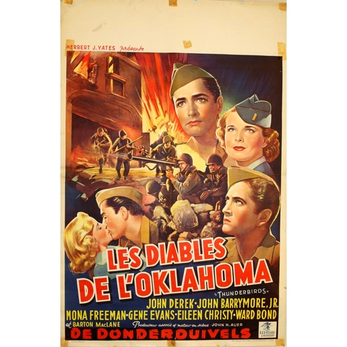 Movie Poster Thunderbirds Les Diables de l'Oklahoma. Original vintage cinema advertising poster for the movie, Thunderbirds / Les Diables de l'Oklahoma starring John Derek, John Drew Barrymore and Mona Freeman - Design features a collage of scenes from the film including the lead characters kissing and soldiers charging past a burning building in the background.  Thunderbirds is a 1952 war film directed by John H. Auer which follows an Oklahoma National Guard unit comprised mainly of Native Americans who are called up for duty at the start of World War II. Fair condition, tape marks,  tears on margins, staining, folds, creasing, small paper losses. Country of issue: Belgium, designer: Unknown, size (cm): 55x36, year of printing: 1953.