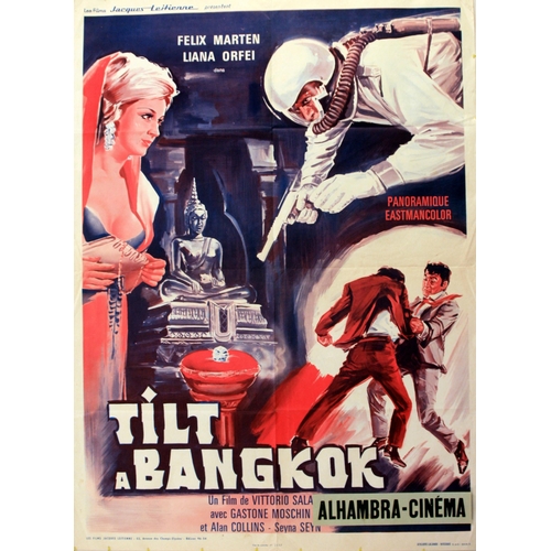 Movie Poster Diamonds Are a Mans Best Friend Tilt a Bangkok. Original vintage movie poster for an Italian film - Tilt a Bangkok  / Ray Master l'inafferrabile / Diamonds Are a Man's Best Friend - an 1966 Italian film written and directed by Vittorio Sala and starring Felix Marten and Liana Orfei - Design features a man holding a gun and hanging over a diamond on a red cushion with a Buddhist statue in the background. The film follows an adventurer who steals a valuable diamond known as Mountain of Light from the museum. Printed in France by Atelier Lalande.  Good condition, folds, creasing, small tears, small paper losses on edges, minor staining, small paper banner attached in bottom right corner. Country of issue: France, designer: Unknown, size (cm): 79x58, year of printing: 1966.