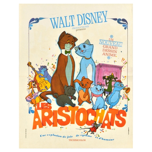 Movie Poster Walt Disney Aristocats Les Aristochats. Original vintage movie poster for a 1970 American animated romantic musical comedy film The Aristocats / Les Aristochats produced by Walt Disney Productions and directed by Wolfgang Reitherman, featuring the voices of Phil Harris, Eva Gabor, Hermione Baddeley, Dean Clark, Sterling Holloway, Scatman Crothers, and Roddy Maude-Roxby, the poster features a scene of cats dancing and playing musical instruments. Good condition, folds, creasing, tears, minor staining. Country of issue: France, designer: Unknown, size (cm): 50x40, year of printing: 1970.