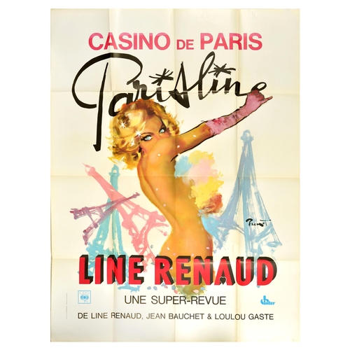 Advertising Poster Paris Line  Renaud Casino De Paris. Original vintage advertising poster for Paris Line cabaret show by Line Renaud, Jean Bauchet and Loulou Gaste at the Casino de Paris featuring a colourful illustration of a nude lady in pink gloves standing in front of pink, purple and blue Eiffel Towers. Large size. Good condition, folds, creasing, tears, minor staining. Country of issue: France, designer: Prenot, size (cm): 159x117, year of printing: 1960s.