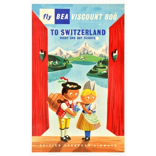 Travel Poster BEA Vickers Viscount 800 Switzerland Airline. Original vintage travel advertising poster for British European Airline - fly BEA Viscount 800 to Switzerland. Night and day flights. - featuring an illustration of a couple in traditional Swiss clothing, standing at open red doors showing the beauty of the country with lakes, green scenery and mountains. British European Airways was a British airline operating service within the UK and to Europe, North Africa and the Middle East from 1946 to 1974 when it merged with BOAC to form British Airways. Excellent condition. Country of issue: UK, designer: Andre Amstutz, size (cm): 102x63, year of printing: 1957