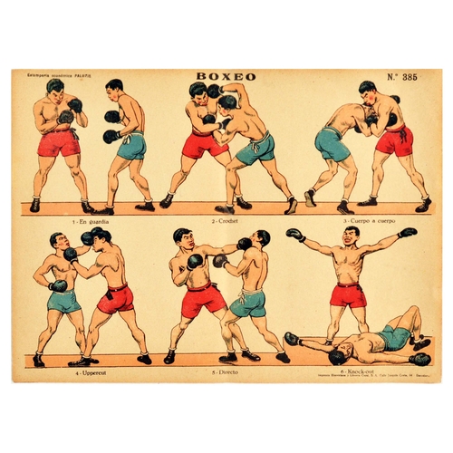 Sport Poster Boxeo Boxing Punching Gym Athlete. Original vintage sport poster Boxeo / Boxing - Design features images of different stances and punches including On guard, Crochet, Body, Uppercut, Direct and finishing with a knock-out. Printed in Barcelona. Horizontal. Good condition, browning, fold. Country of issue: Spain, designer: Unknown, size (cm): 28x38.5, year of printing: 1920s.