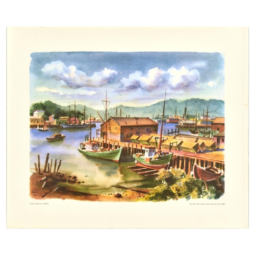 Travel Poster United Airlines New England Harbor Joe Feher. Original vintage travel poster titled New England Harbor painted for United Air Lines by Joe Feher (1908-1987) featuring a colourful mid-century image of boats in the harbour, text in small lettering in the margin below. Horizontal.  Excellent condition. Country of issue: USA, designer: Joe Feher, size (cm): 33x40, year of printing: 1950s.