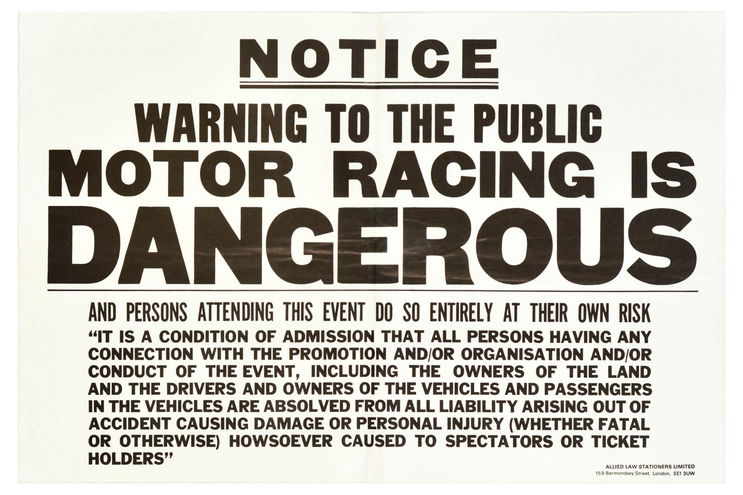 Car Racing Sport Poster Set Motor Racing Is Dangerous Notice Warning ...