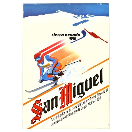 Sport Poster FIS Alpine Ski Championship San Miguel Sierra Nevada. Original vintage sports poster for the FIS Alpine World Ski Championships in Sierra Nevada Spain with an image of a skier going down the hill and the logo of San Miguel beer. Good condition, creasing. Country of issue: Spain, designer: Unknown, size (cm): 48x33, year of printing: 1995.