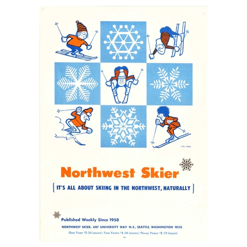 Travel Poster Northwest Ski USA Seattle Colorado Aspen Skier Magazine. Original vintage winter sports poster for Northwest Skier [ It's all about skiing in the Northwest, naturally ] Published weekly since 1958. Fun image of cartoon style skiers on skis with images of snowflakes between them, some people skiing with confidence and at speed and some falling over and skiing more cautiously, the text and information below. The Northwest Skier magazine was started by Bill Tanler (1930-1997), providing information on skiing slopes and ski resorts with reports and gear in the region; the publication is now issued as an online only magazine. Good condition, pinholes, tears, creasing, small paper losses.  Country of issue: USA, designer: Bob Cram, size (cm): 89x64, year of printing: 1960s.