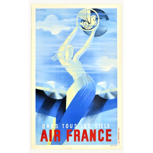 25 - Advertising Poster Air France In All Skies Art Deco Valerio. Original vintage travel poster - Dans T... 