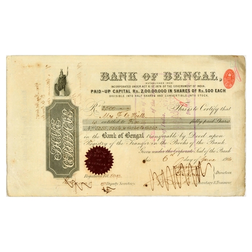 34 - Advertising Poster Bank of Bengal Shares Calcutta India. Original antique Bank of Bengal shares cert... 
