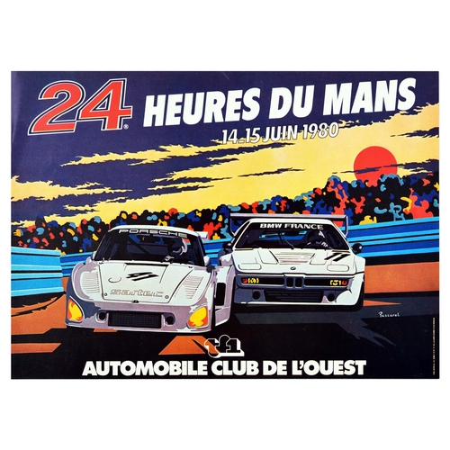 Sport Poster 24 Heures Du Mans 1980 Car Racing Porsche. Original vintage motorsport poster for the 24 Heures du Mans / 24 Hours of Le Mans on 14-15 June 1980 featuring the text in bold white lettering above an illustration of Porsche and BMW France sports cars racing at speed towards the viewer with silhouettes of spectators below red setting sun. Organised by Automobile Club de l'Ouest. This Grand Prix endurance race was won by Ford in the first driven by Jean Rondeau and Jean-Pierre Jaussaud and third places by Gordon Spice, Philippe Martin, Jean-Michel Martin, and Porsche coming in second driven by Jacky Ickx and Reinhold Joest. Horizontal. Excellent condition. Country of issue: France, designer: Pascarel, size (cm): 38x53, year of printing: 1980.