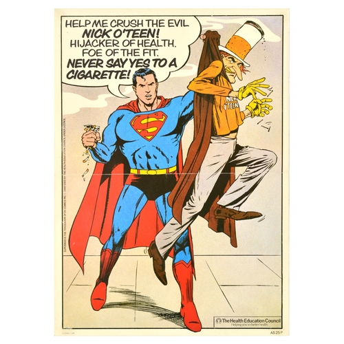 superman smoking cigarette Anti Smoking Poster Set Superman Weed Cigarettes. Set of 2 original vintage  health propaganda poster