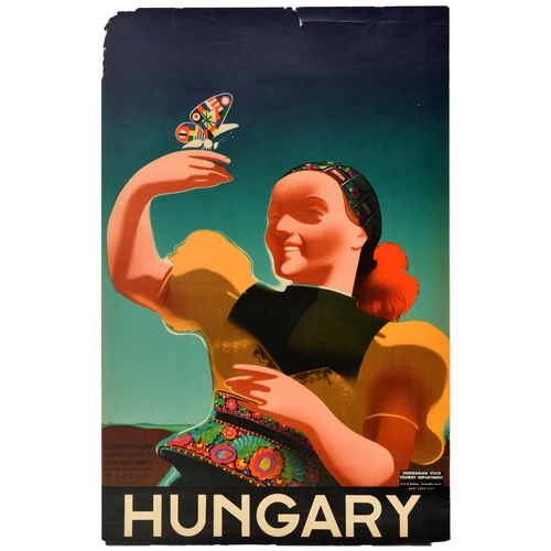 Travel Poster Hungary Hongrie Magyar Konecsni Kling. Original vintage travel poster for Hungary featuring a great Art Deco illustration depicting a smiling lady in a traditional costume holding a butterfly with colourful flags on its wings against the sky background. Artwork by the Hungarian artists Gyorgy Konecsni (1908-1970) and Gyorgy Kling (1912-1991). Published by the Hungarian National Council of Tourist Traffic, Budapest. Printed in Hungary by Pallas. Small inset reads - Hungarian State Tourist Department R.K.O. Building Rockefeller Center, New York City. Fair condition, creasing, tears, paper losses Country of issue: Hungary, designer: Konecsni Kling, size (cm): 93x61, year of printing: 1930s.