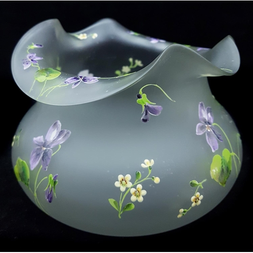 13 - A French frosted glass posy bowl, of squat globular form beneath quatrefoil wavy rim, decorated with... 