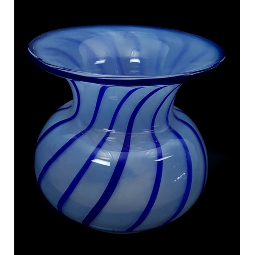 19 - A Russian glass vase, of money purse form, decorated with blue stripes on a white opaline ground, pa... 